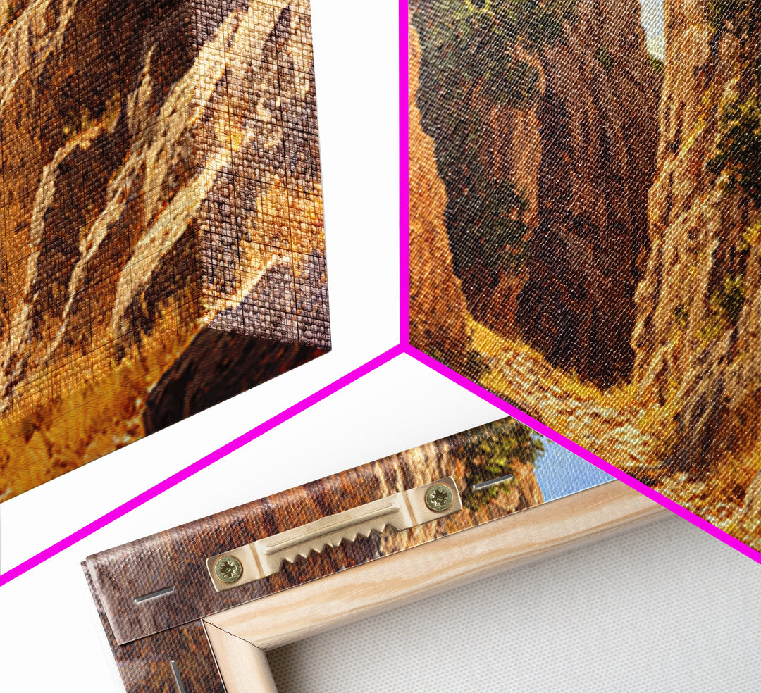 Rustic Canyon Landscape Oil Painting Bright Earth Tone Wall Art Framed Canvas Print Ideal For Living Room Decor Nature Lovers Gift