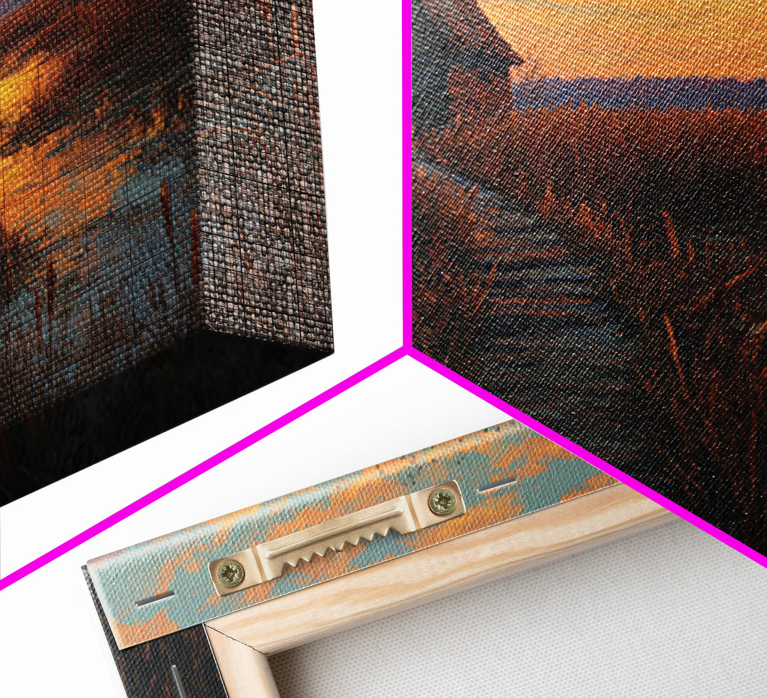 Rustic Autumn Wetland Landscape With Wooden Pathway Original Oil Painting Framed Canvas Print For Cozy Home Decor