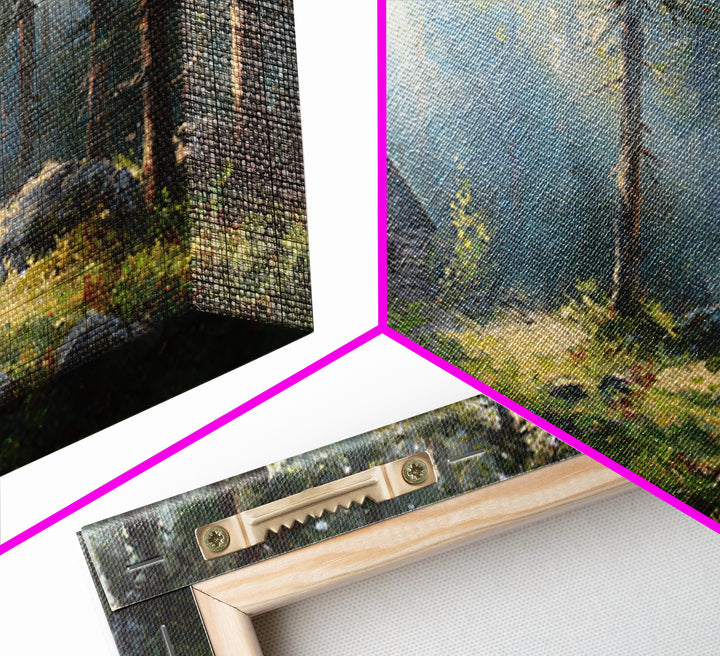 Beautiful Forest Cabin With Sunlight Streaming Through Trees Oil Painting Canvas Print Wall Art