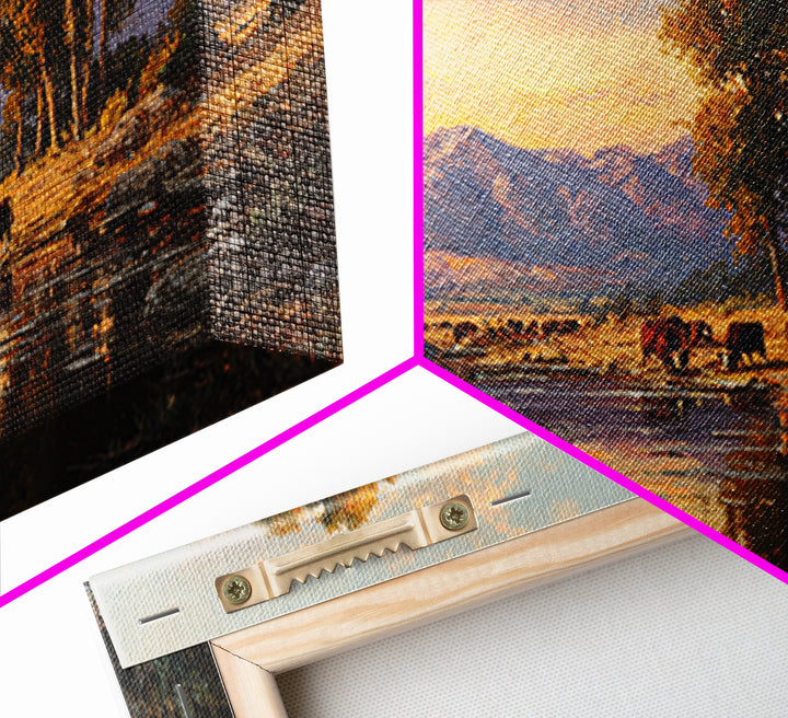 Warm Sunset Over Mountains Large Landscape Wall Art Framed Canvas Print Rustic Nature Home Decor