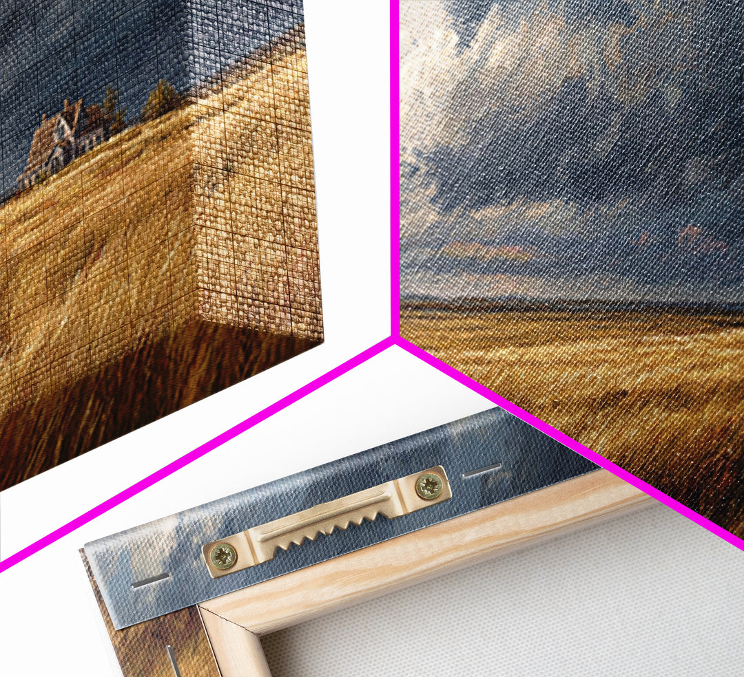 Golden Wheat Field With Rustic House Under Dramatic Sky Landscape Painting Canvas Print For Living Room Decor