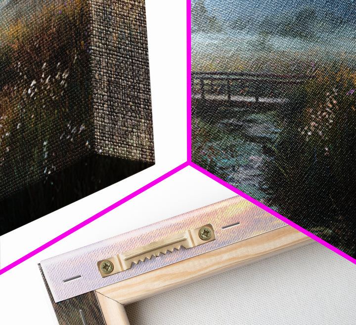 Tranquil Early Morning Meadow Landscape Oil Painting With Bridge Nature Wall Art For Rustic Home Decor Canvas Print