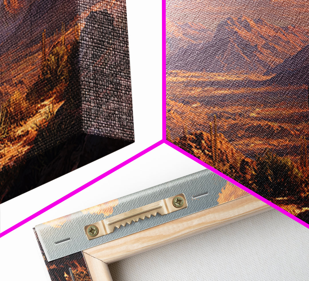 Southwestern Desert Landscape With Saguaro Cacti And Mountains Scenic Wall Art Framed Canvas Print Rustic Home Decor