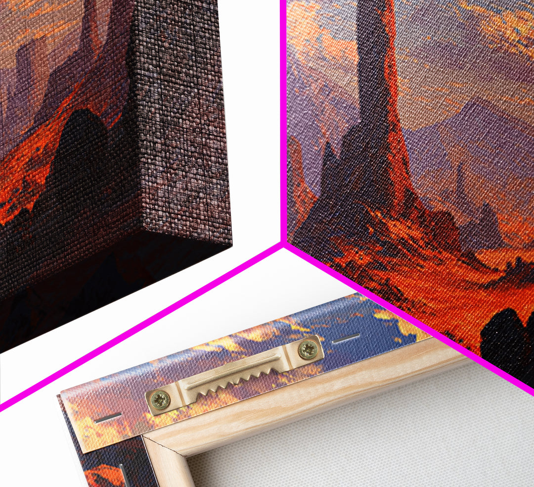 Dramatic Desert Landscape With Rocky Formations And Warm Sunset Sky Fine Art Wall Art Framed Canvas Print