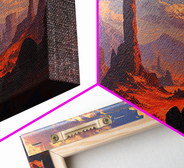 Dramatic Desert Landscape With Rocky Formations And Warm Sunset Sky Fine Art Wall Art Framed Canvas Print