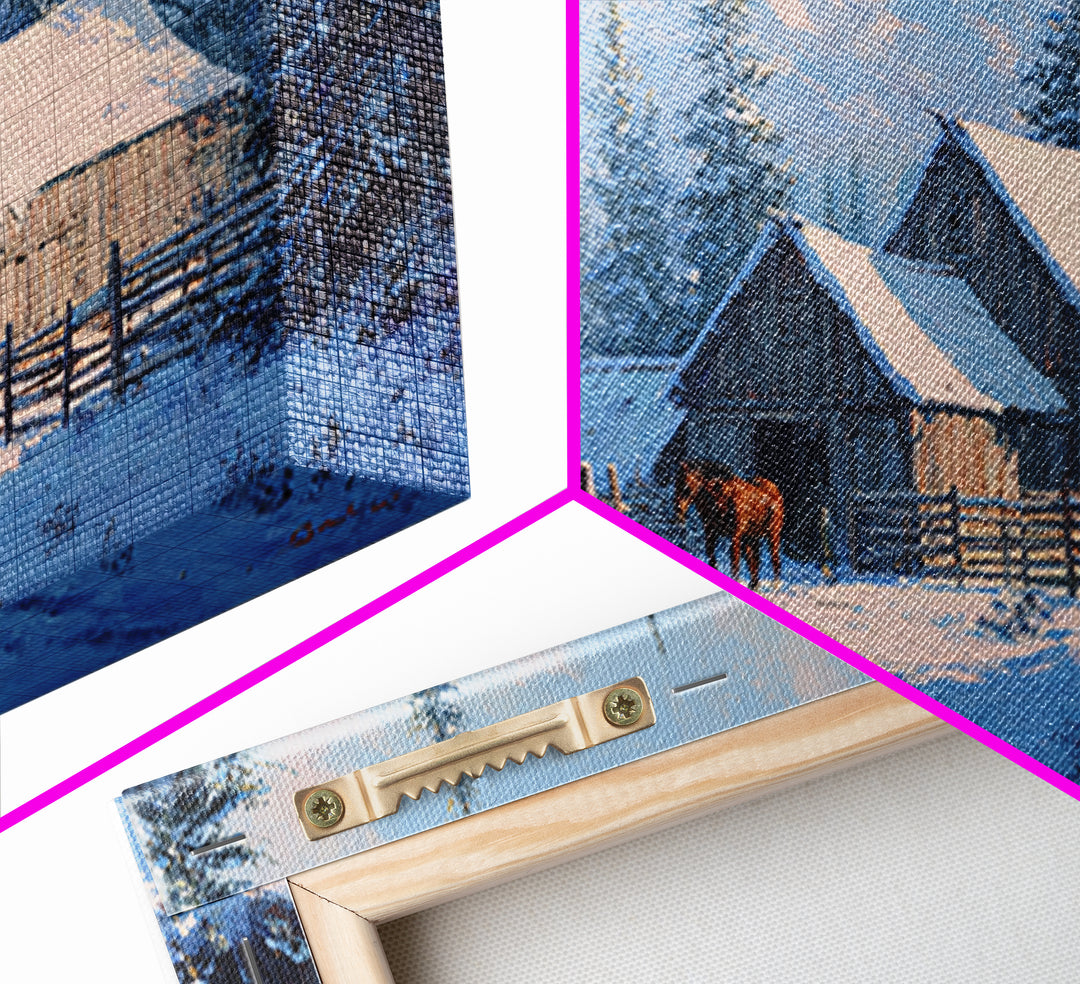 Charming Snowy Barn Winter Landscape Oil Painting Wall Art Framed Canvas Print Rustic Home Decor Cabin Living Room Art Print