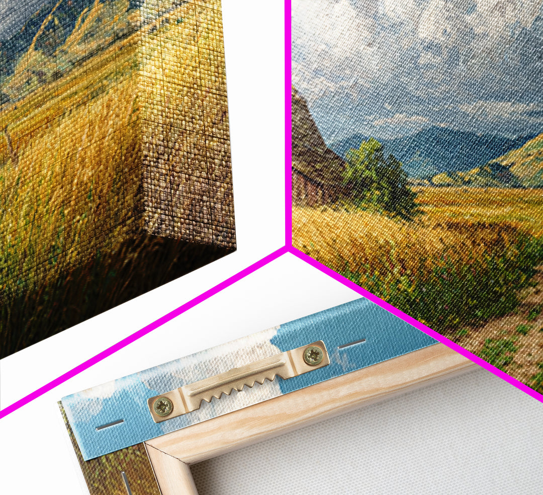 Classic Country Barn in Golden Autumn Field With Mountain Backdrop Oil Painting Canvas Print Wall Art for Rustic Home Decor