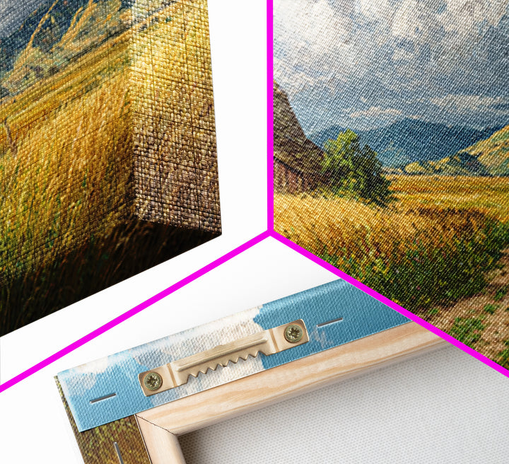 Classic Country Barn in Golden Autumn Field With Mountain Backdrop Oil Painting Canvas Print Wall Art for Rustic Home Decor