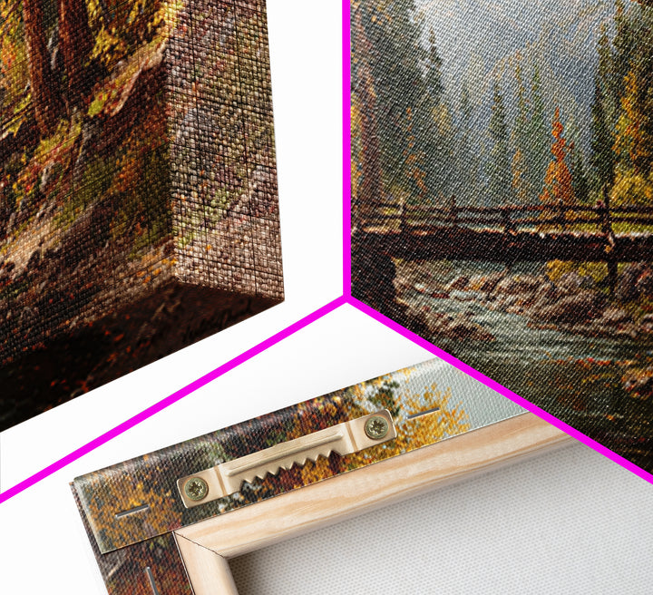 Peaceful Autumn Forest Landscape With Creek And Wooden Bridge Oil Painting Wall Art Framed Canvas Print