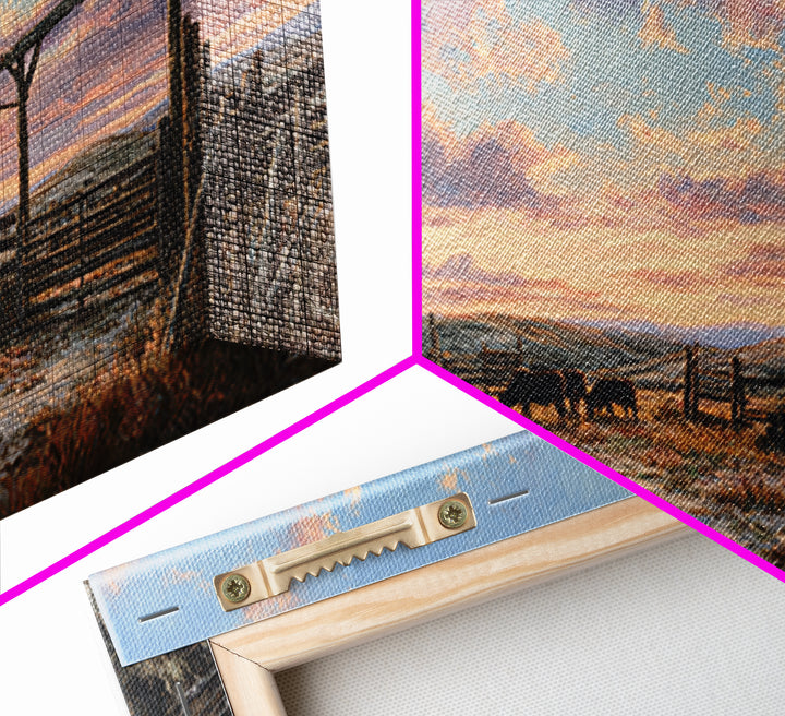 Rustic Western Ranch Sunset Landscape Painting Of Horses Grazing At Dusk Framed Canvas Print For Modern Wall Art And Home Decor