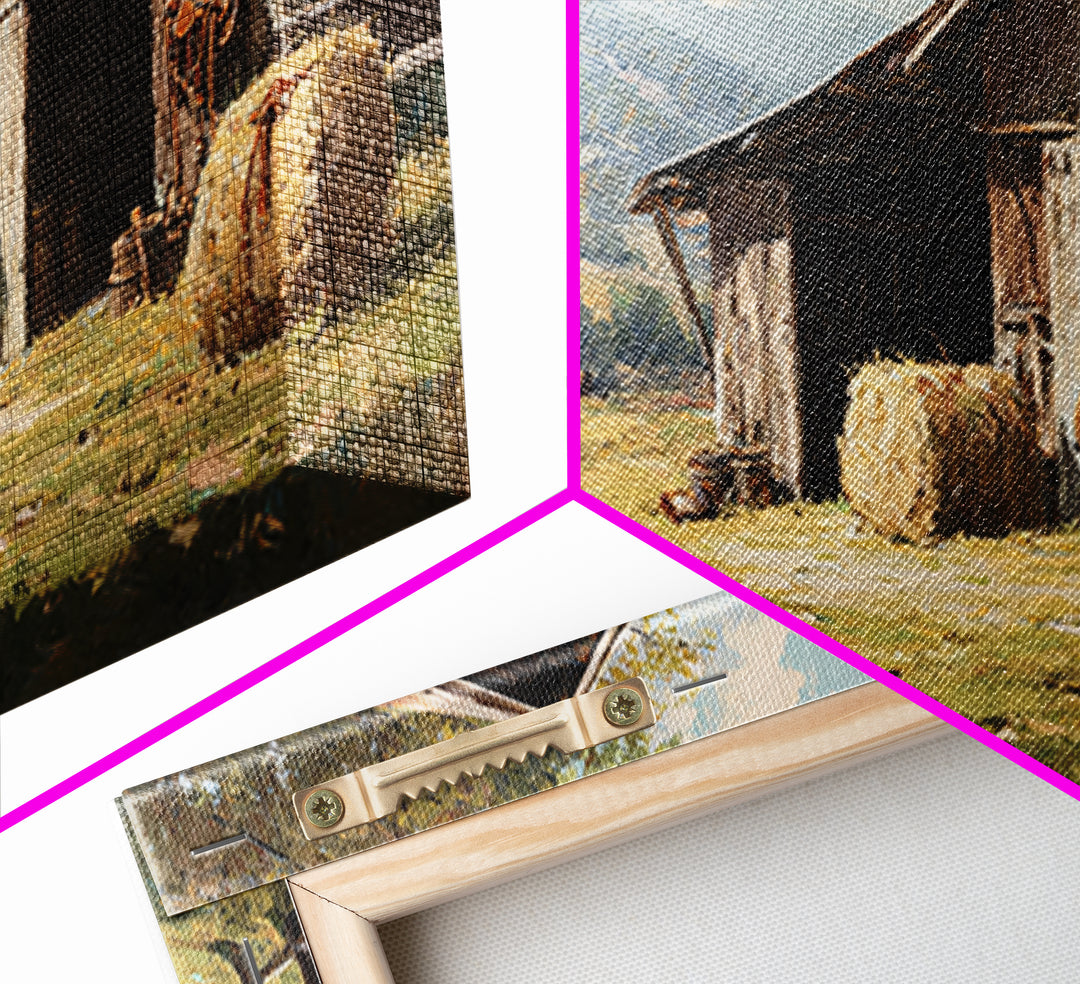 Rustic Western Hay Bales And Horses In Countryside Oil Painting Canvas Print For Farmhouse Wall Art And Country Home Decor