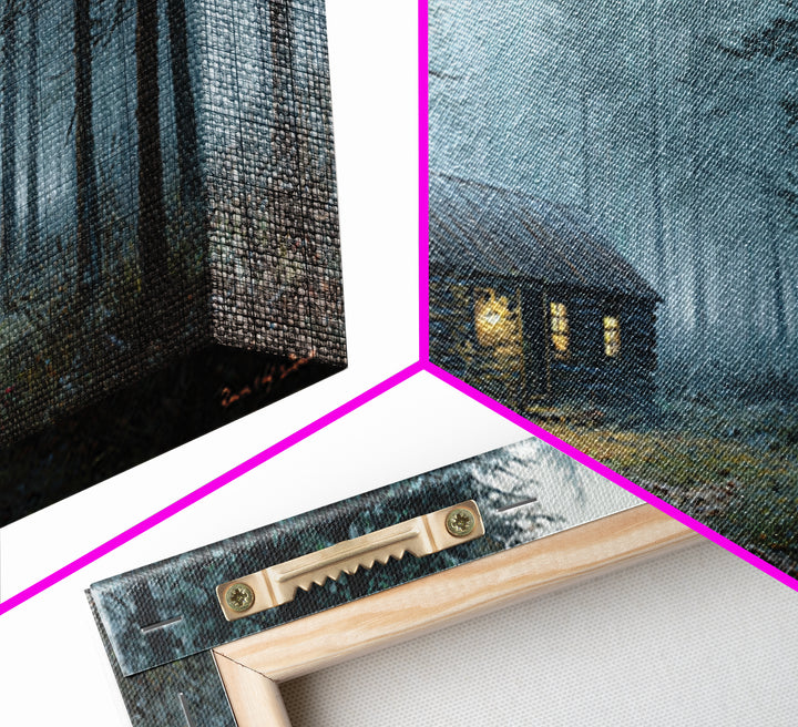 Misty Forest Cabin Landscape Wall Art Framed Canvas Print Cozy Rustic Home Decor Nature Painting
