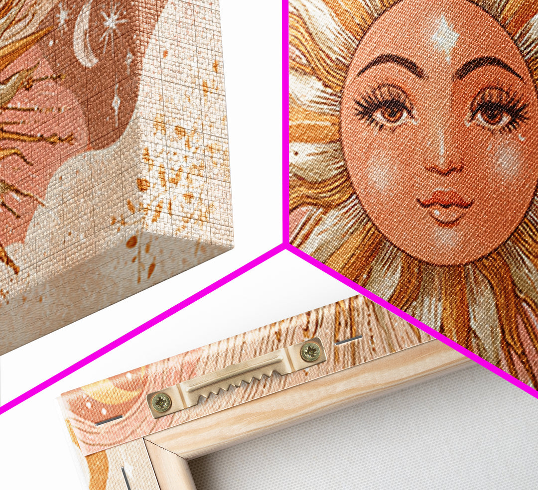 Boho Sun Face Wall Art, Celestial Moon And Stars Illustration, Terracotta Mystical Decor, Whimsical Nursery Art Print Gift