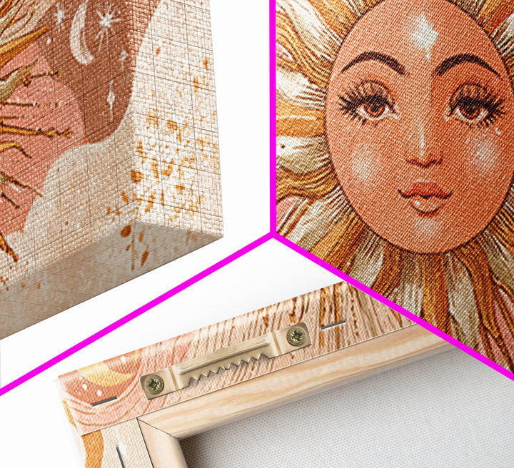 Boho Sun Face Wall Art, Celestial Moon And Stars Illustration, Terracotta Mystical Decor, Whimsical Nursery Art Print Gift