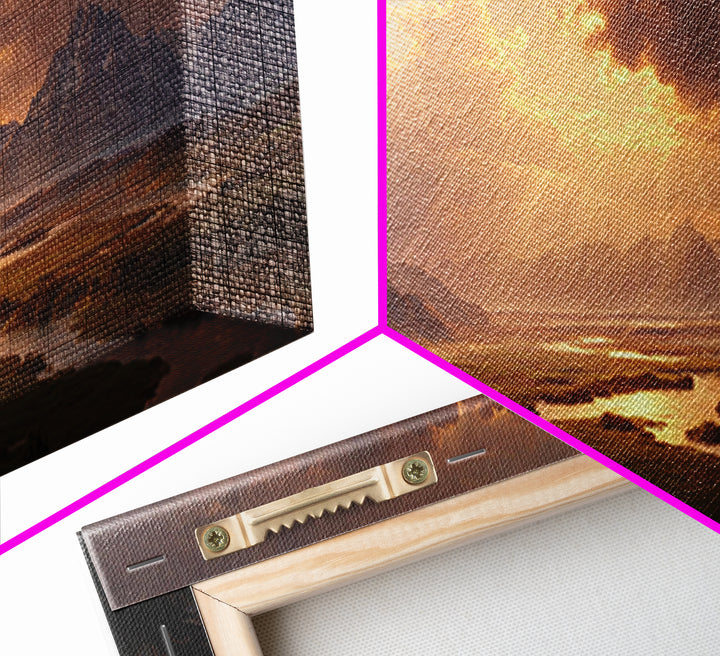 Sunset Mountain River Landscape Wall Art With Warm Golden Light Rays Illuminating Nature For Rustic Home Decor And Large Canvas Print