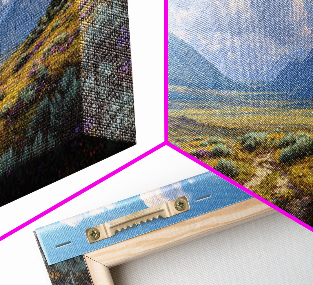 Stunning Realistic Mountain Landscape Painting Canvas Print Featuring Wildflowers And Blue Sky Large Wall Art For Living Room Decor