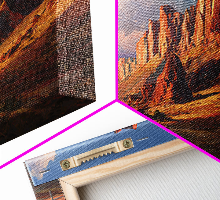 Warm Autumnal Mountain Landscape Oil Painting With Trees And Bridge Cozy Rustic Wall Art Framed Canvas