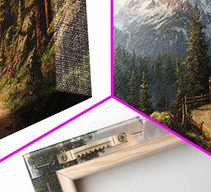 Majestic Mountain Path With Lush Pine Trees Wall Art Framed Canvas Print Landscape Painting For Rustic Home Decor Cabin Art