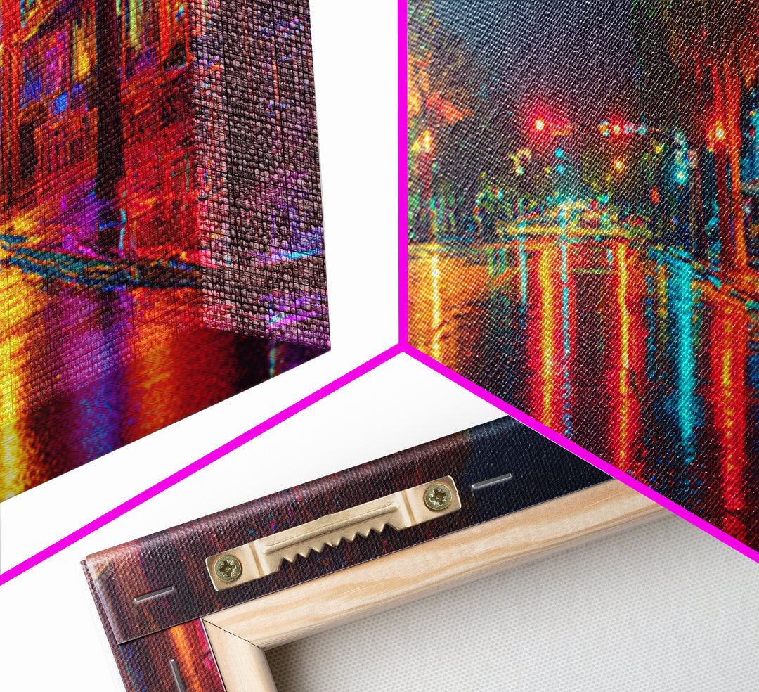 Colorful Night City Street With Neon Lights And Reflections On Wet Pavement Modern Wall Art Print Canvas