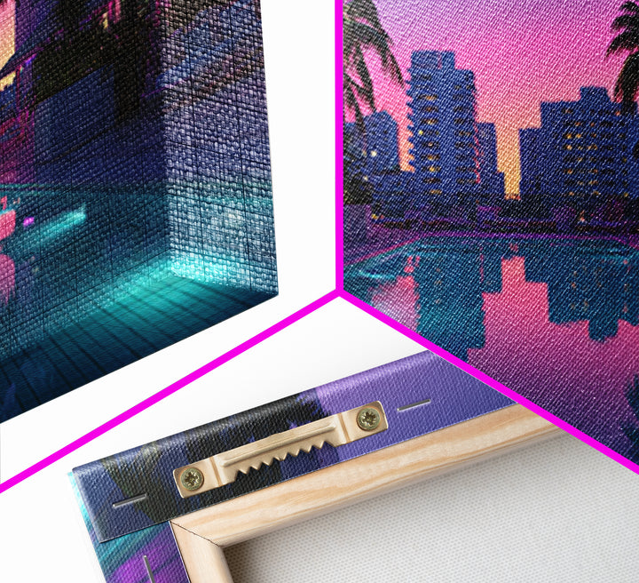 Luxury Modern Miami City Pool Sunset Palm Trees Reflected In Water For Chic Living Room Decor Framed Canvas Print