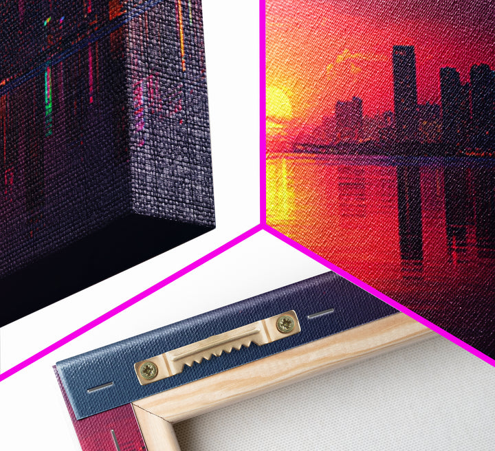 Vibrant Sunset Over City Skyline Reflected On Water Contemporary Wall Art For Living Room Decor Framed Canvas Print With Modern Home Decor Appeal