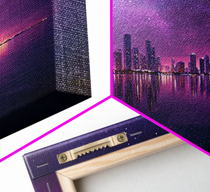 Vibrant Neon Purple City Skyline At Night With Starry Sky Reflections Wall Art Modern Wall Decor Canvas Print