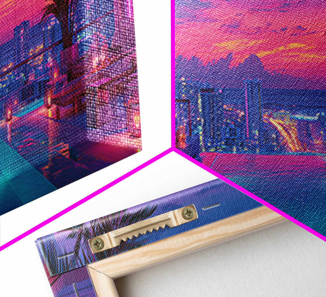 Vibrant Sunset Rooftop Pool Scene With Palm Trees And Cityscape Background Wall Art For Home Decor Framed Canvas Print