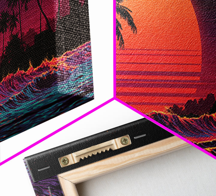 Retro Sunset Palm Trees Digital Art Canvas Print Wall Art Living Room Decor Tropical Beach Scene Large Framed Canvas Print Home Decor