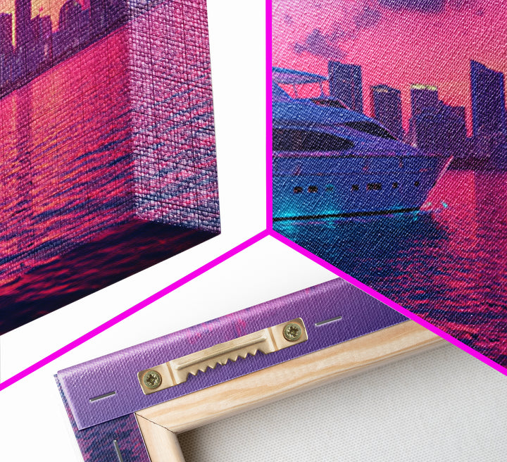 Luxury Yacht Sailing At Vibrant Pink Sunset Skyline With Modern Cityscape Featured As Wall Art For Home Decor