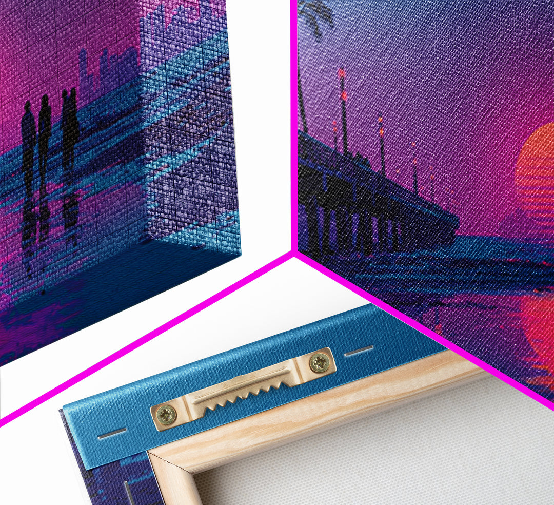 Vibrant Neon Sunset Beach Scene With Silhouettes Of People Framed Canvas Print Coastal Wall Art For Modern Living Room And Bedroom Decor