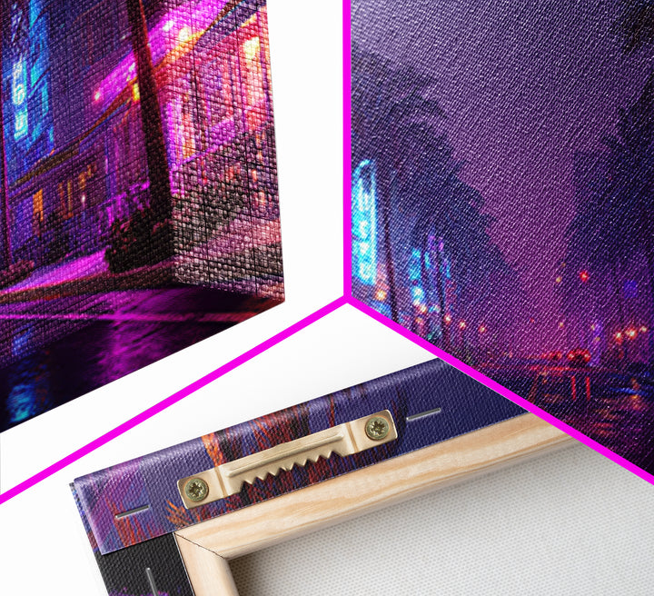 Night City Street Scene With Neon Lights And Palm Trees, Framed Canvas Print For Retro Wall Art And Miami Home Decor