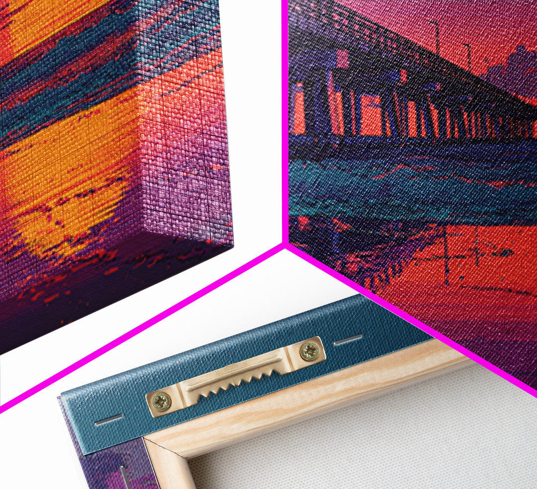 Sunset Pier Over Calm Ocean Waves Vibrant Pink Purple Beach Scene Wall Art Framed Canvas Print Coastal Home Decor