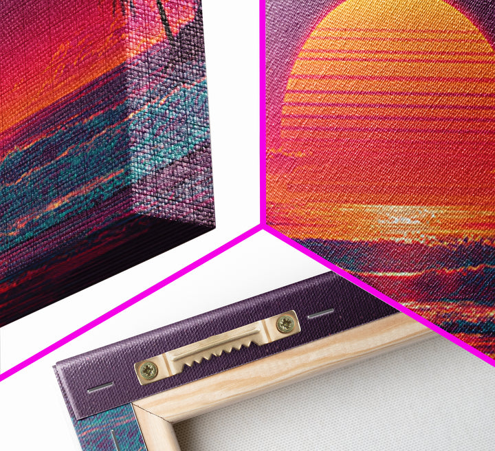 Vibrant Retro Sunset Tropical Beach Scene Digital Art Print Wall Art Framed Canvas Print Coastal Home Decor