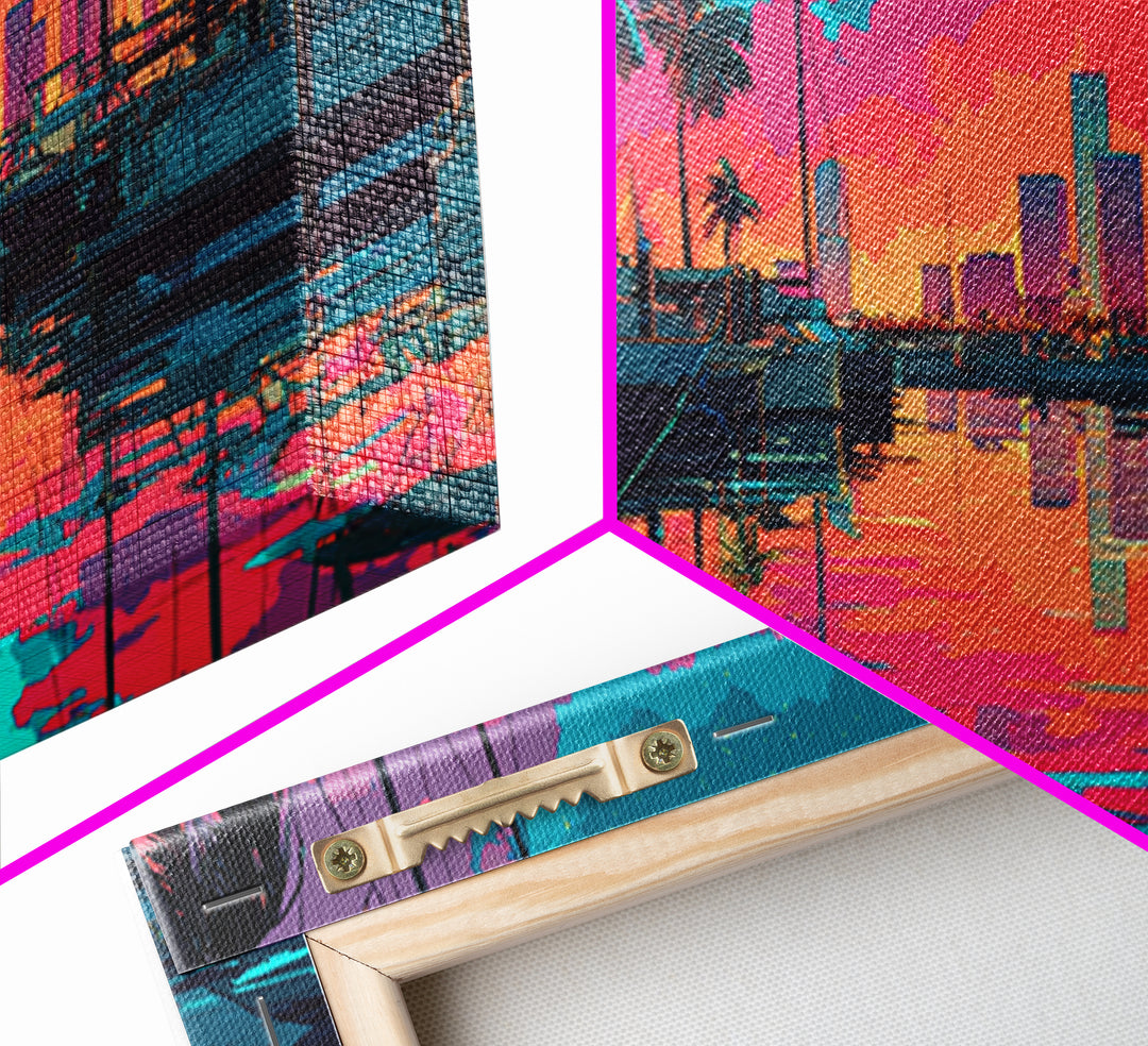 Colorful Harbor Scene With Boats Palm Trees And Sunset Sky Vibrant Contemporary Wall Art Canvas Print