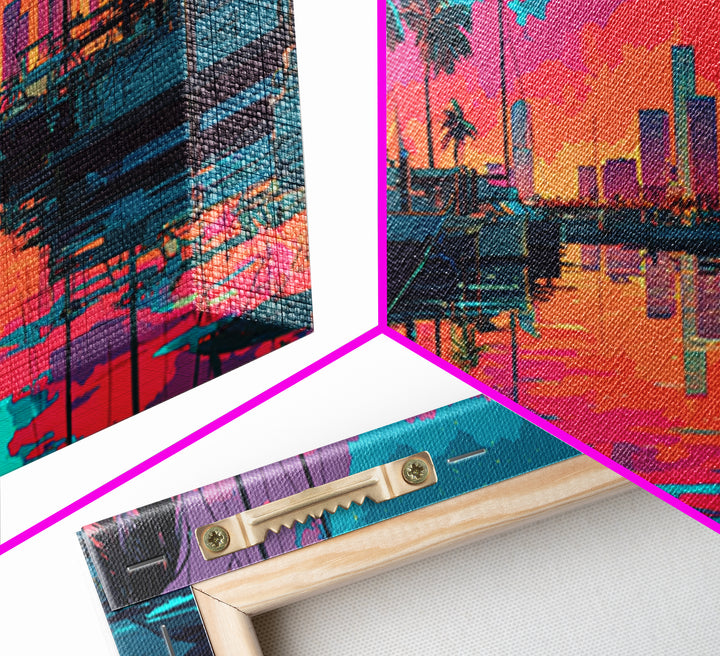 Colorful Harbor Scene With Boats Palm Trees And Sunset Sky Vibrant Contemporary Wall Art Canvas Print