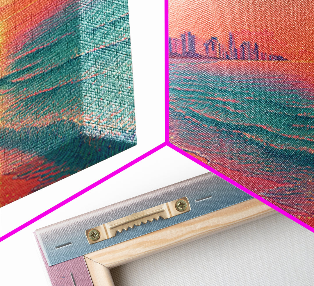 Vibrant Sunset Over Modern Coastal City Beach With Reflective Waves Wall Art Framed Canvas Print For Home Decor