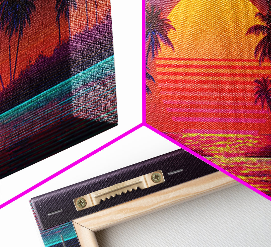 Retro Sunset Beach Palm Trees Digital Art Print Vibrant Coastal Wall Art Canvas Print Modern Boho Decor