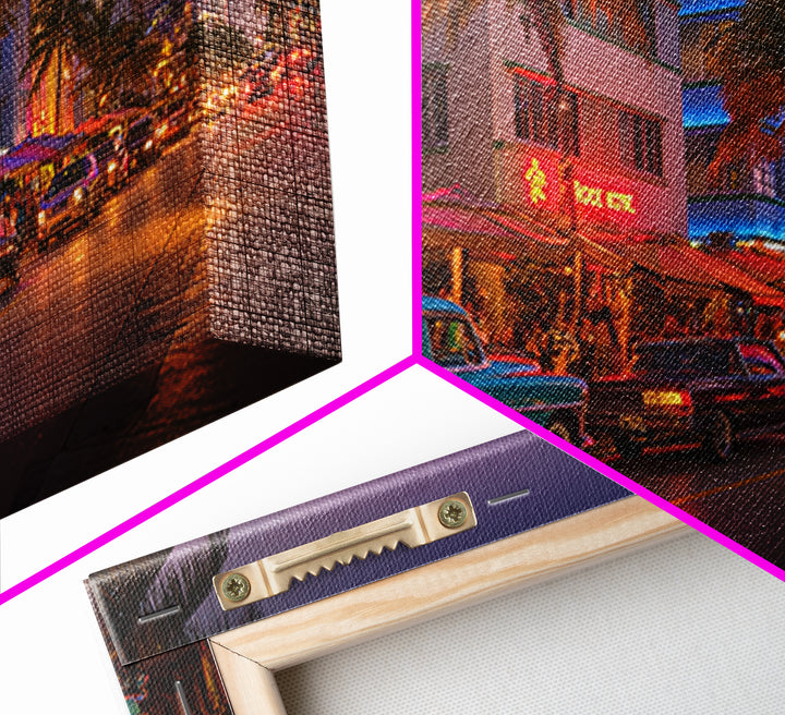 Vintage Urban Miami Beach Scene At Sunset With Classic Cars And Palm Trees Wall Art Canvas Print