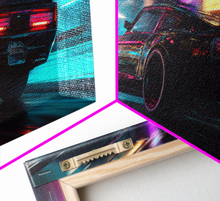 Neon Lit Sports Car Racing Down City Street At Night Featuring Vibrant Pink And Blue Modern Wall Art For Car Fans