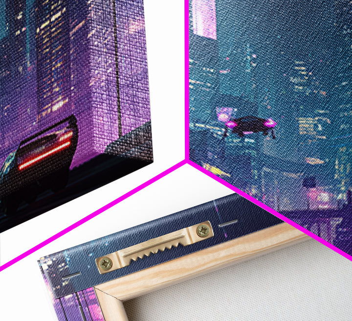 Futuristic Cyberpunk Cityscape At Night With Neon Lights And Hover Cars Wall Art, Vibrant Canvas Print For Modern Living Room Decor