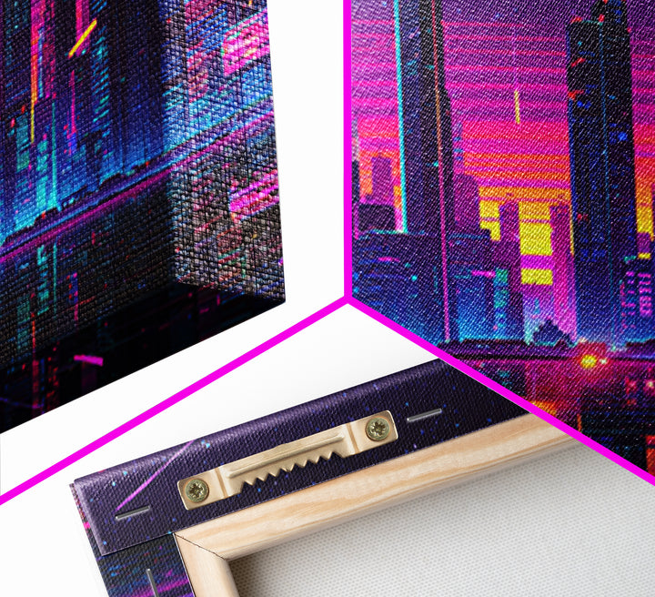Vibrant Neon Cityscape With Reflective River And Pink Purple Sky Canvas Print Modern Urban Wall Art