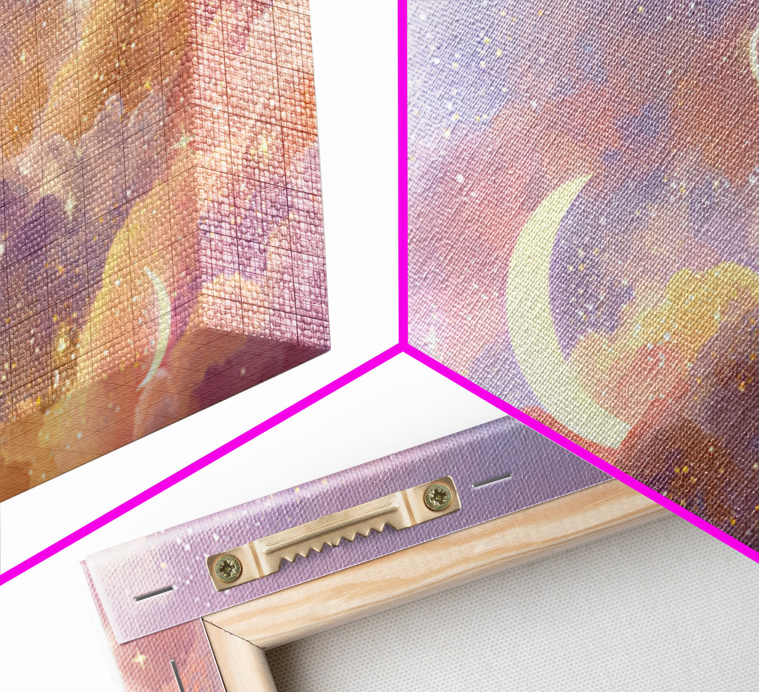 Glowing Crescent Moon Clouds Wall Art, Celestial Decor, Galaxy Art, Space Wall Art, Dreamy Bedroom Decor, Framed Canvas Print