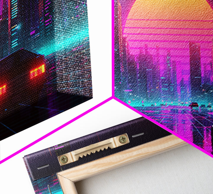 Vibrant Futuristic Cityscape Neon Lights Digital Artwork Modern Wall Art Canvas Print For Urban Living Room Decor