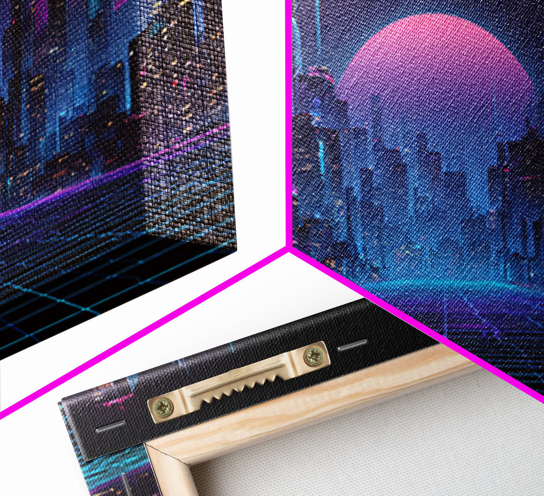 Cyberpunk Futuristic Cityscape Landscape With Neon Lights And Moon Framed Canvas Print For Modern Wall Art And Office Decor