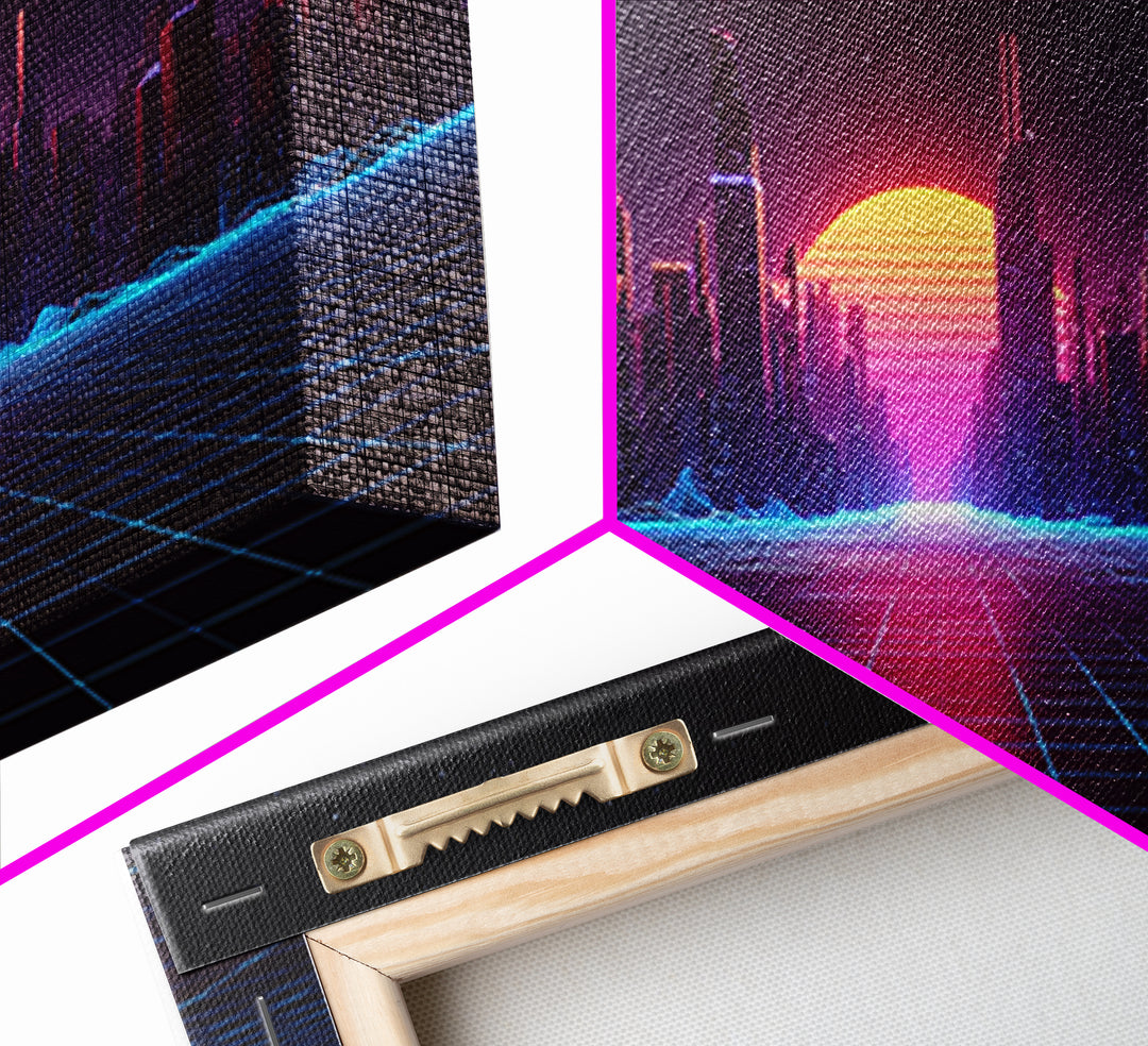 Futuristic Cyberpunk Neon City Digital Artwork With Vibrant Sunset And Grid-Like Road Abstract Sci-Fi Framed Canvas Print For Modern Wall Decor
