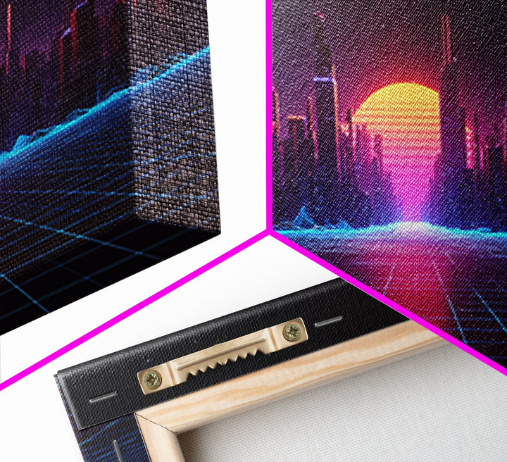 Futuristic Cyberpunk Neon City Digital Artwork With Vibrant Sunset And Grid-Like Road Abstract Sci-Fi Framed Canvas Print For Modern Wall Decor