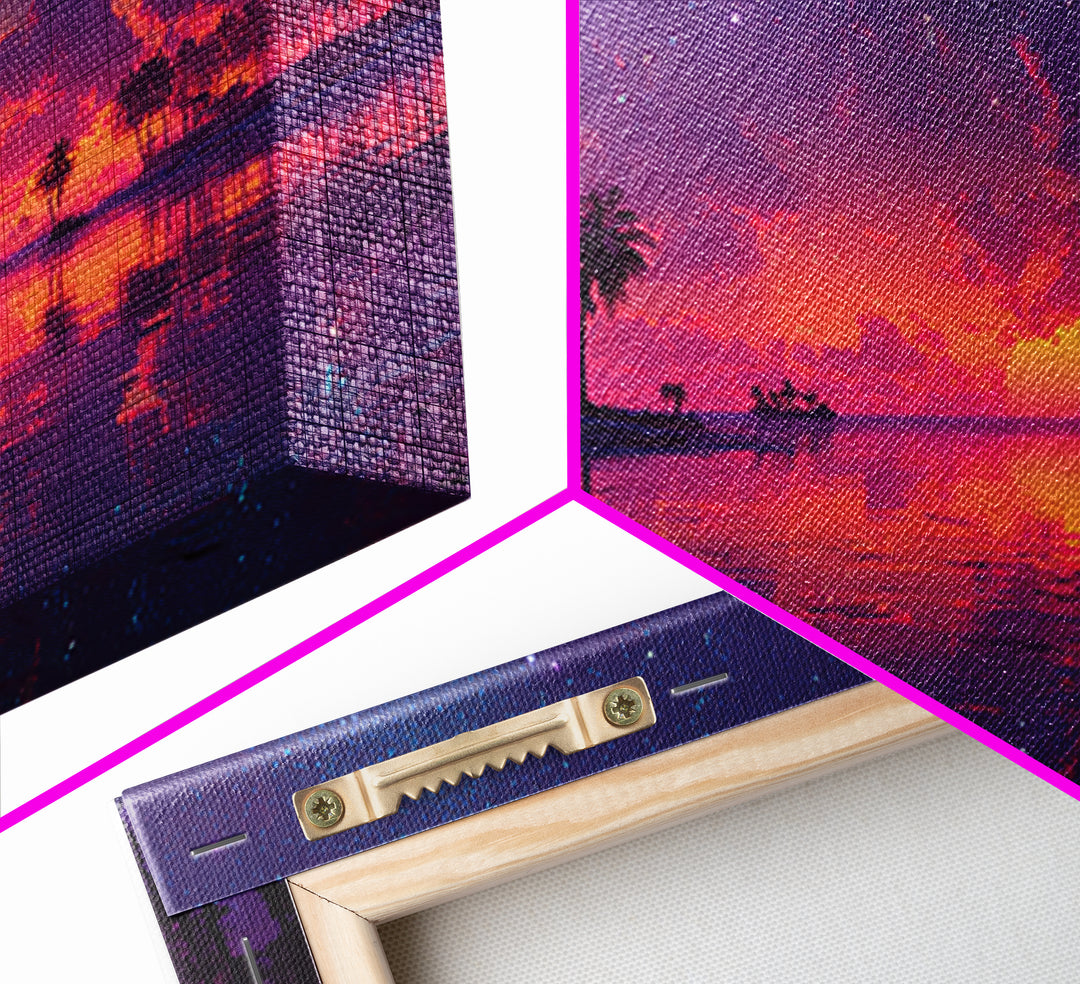 Tropical Sunset Beach With Palm Trees Landscape Painting Canvas Print For Coastal Wall Art