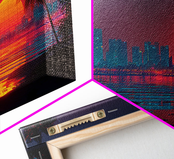 Futuristic Neon Cityscape With Illuminated Pyramid And Mountain Backdrop Modern Wall Art Framed Canvas Print