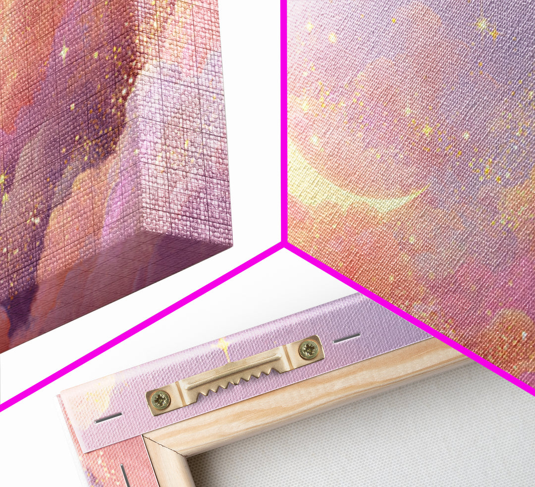 Golden Crescent Moon Clouds Wall Art, Pastel Celestial Decor, Pink Wall Art, Dreamy Nursery Art, Whimsical Decor, Canvas Print