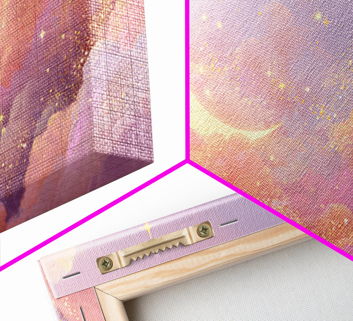 Golden Crescent Moon Clouds Wall Art, Pastel Celestial Decor, Pink Wall Art, Dreamy Nursery Art, Whimsical Decor, Canvas Print